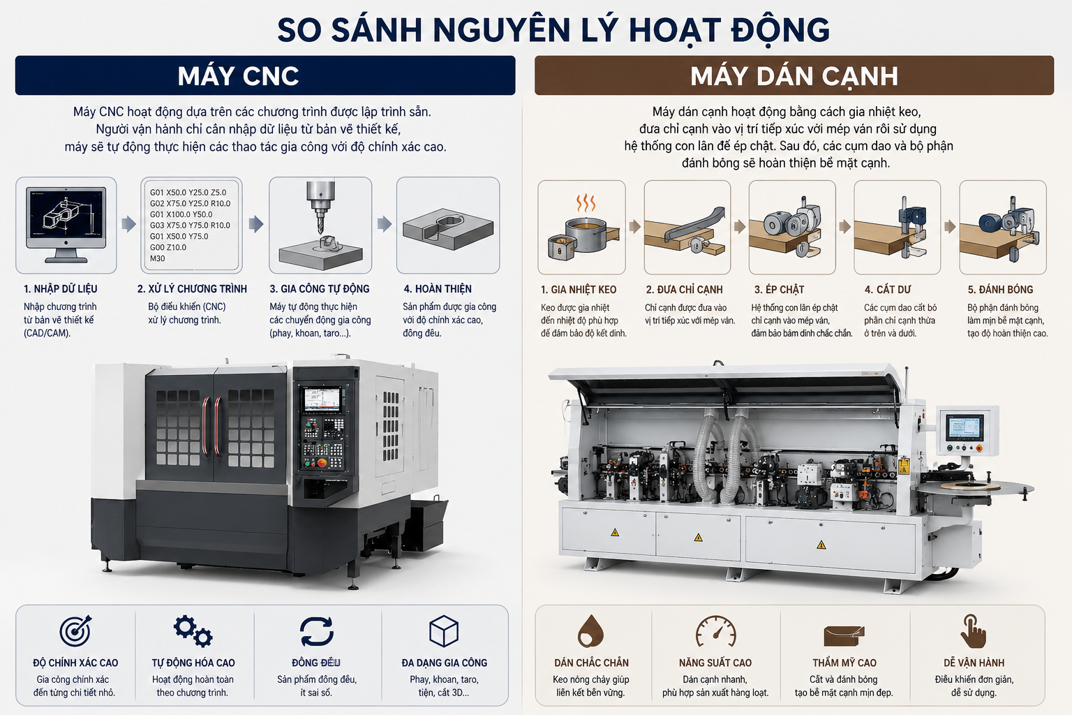 So sánh nguyên lý hoạt động máy CNC và máy dán cạnh